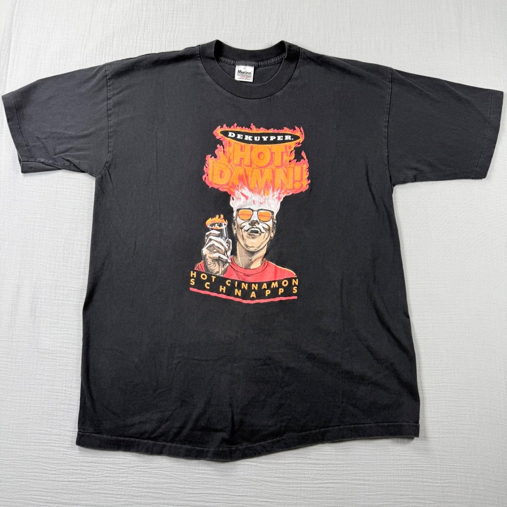 Vtg Murina Single Stitch Made in USA DeKuyper Hot Damn Schnapps T Shirt XL Black - Picture 2 of 7